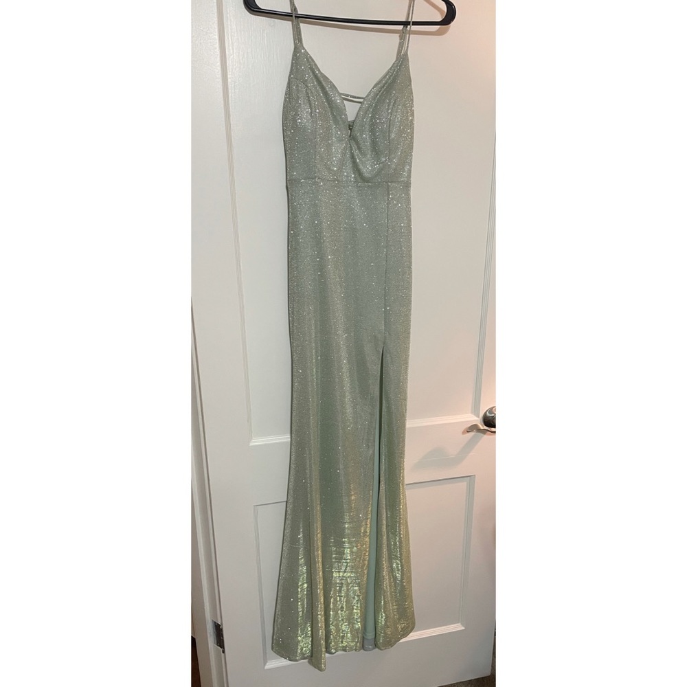 Floor length mint green formal dress